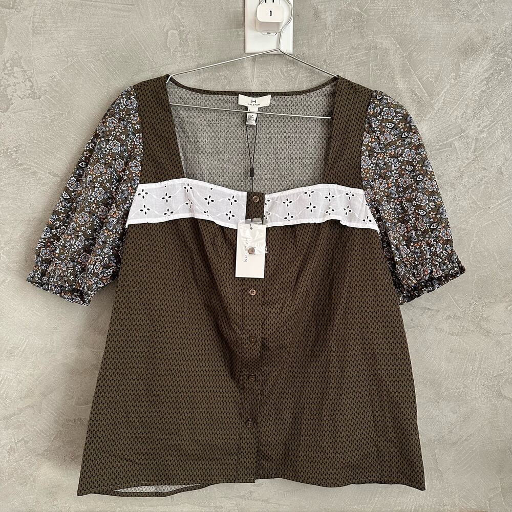 NWT H by Halston Mixed Media Floral Poplin Top Blouse in Green sz L - Picture 3 of 8